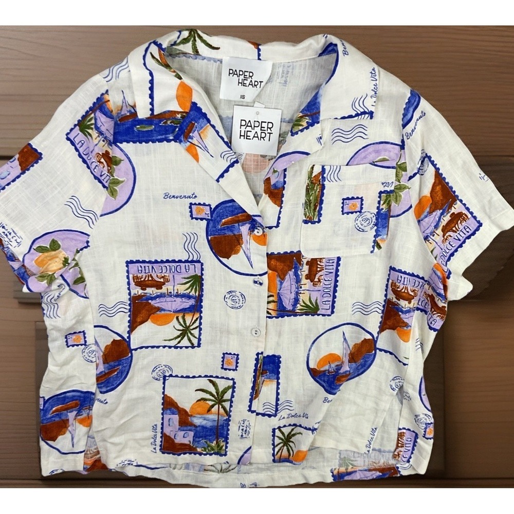 Paper Heart Shirt Women Sz XS Ivory Postcard Floral Rayon Linen Oversized NWT